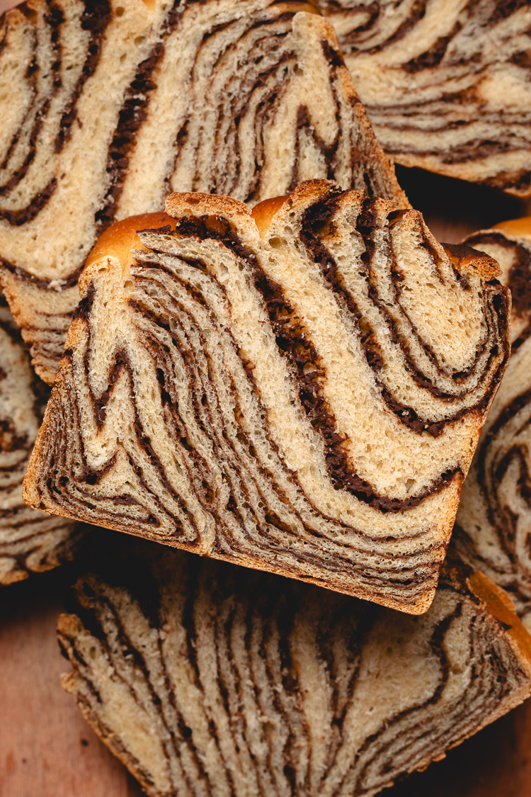 japanese chocolate marble bread slices close up