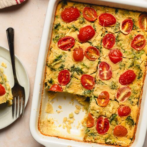 mung bean frittata in pan with one slice on a plate