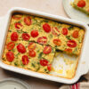 pan of mung bean frittata with a slice taken out
