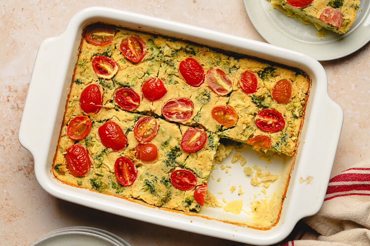 pan of mung bean frittata with a slice taken out