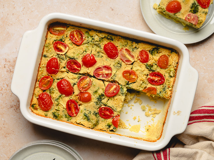 pan of mung bean frittata with a slice taken out