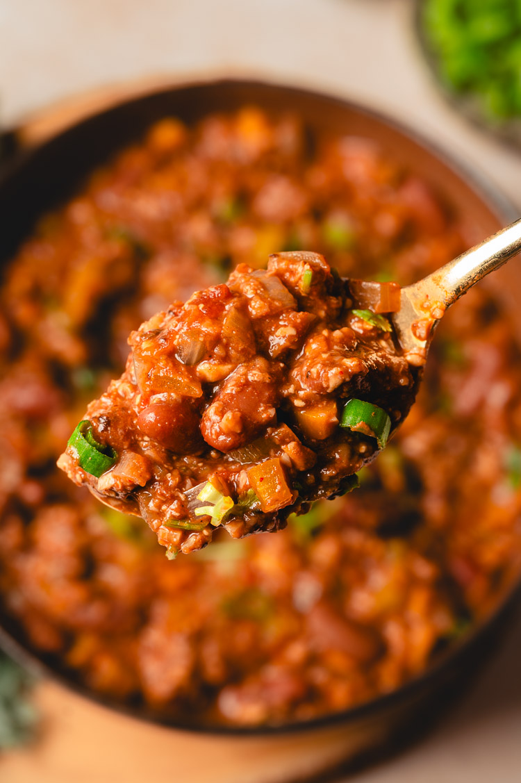 spoonful of meaty vegan chili close up