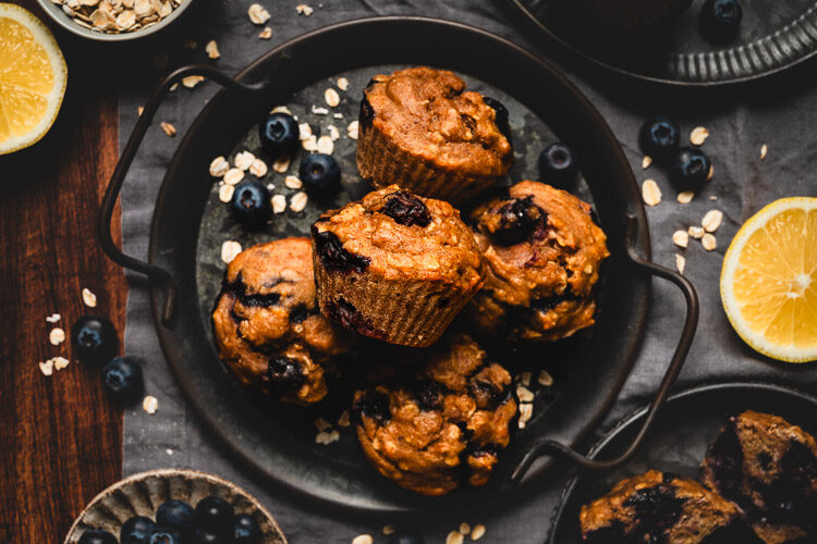 blueberry oatmeal muffins on serving tray