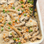 chickpea noodle casserole with serving spoon