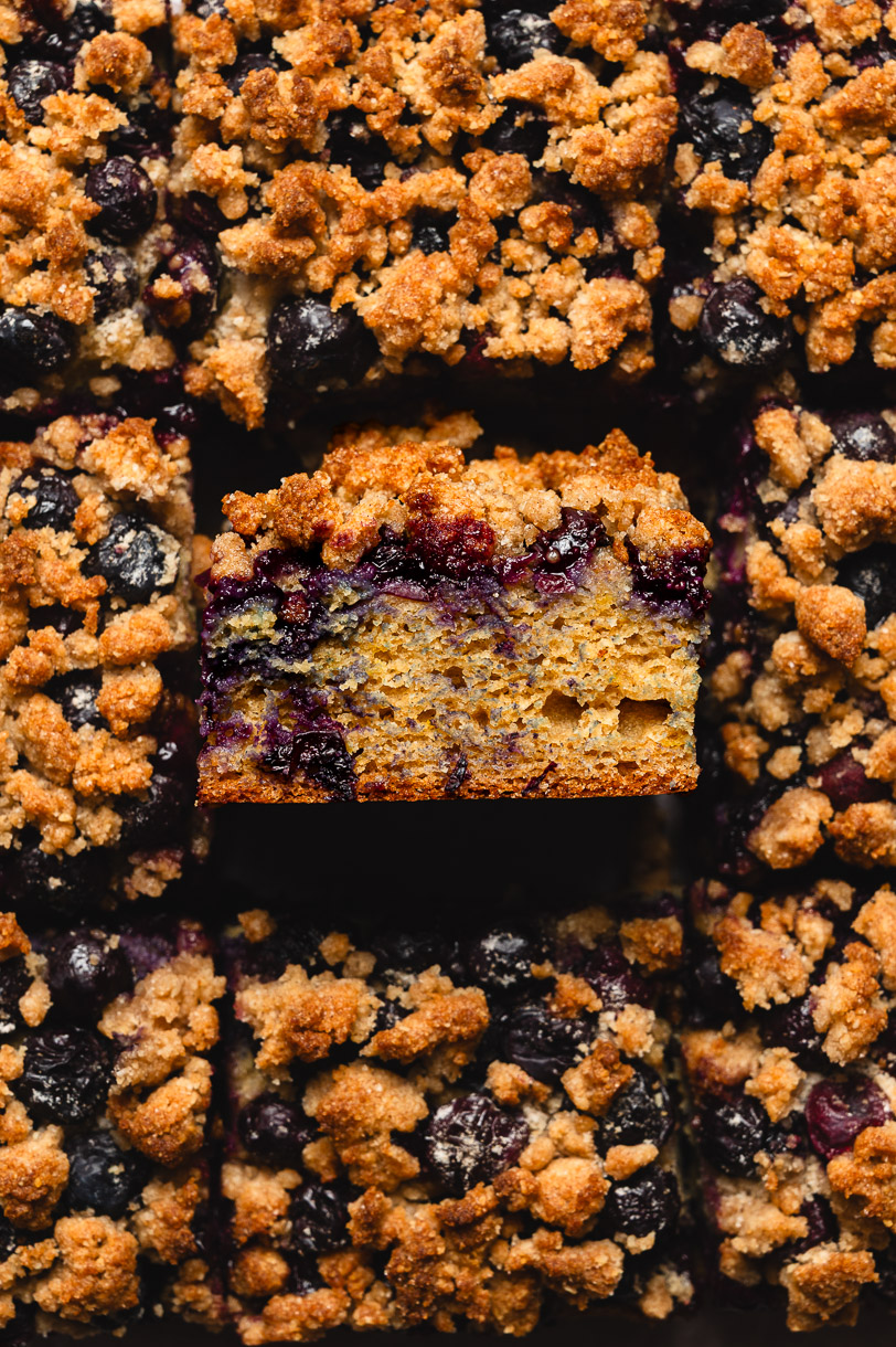 vegan blueberry coffee cake slices close up