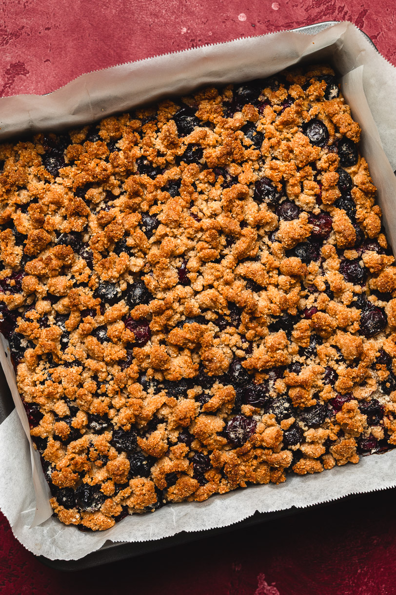 vegan blueberry coffee cake right after baking