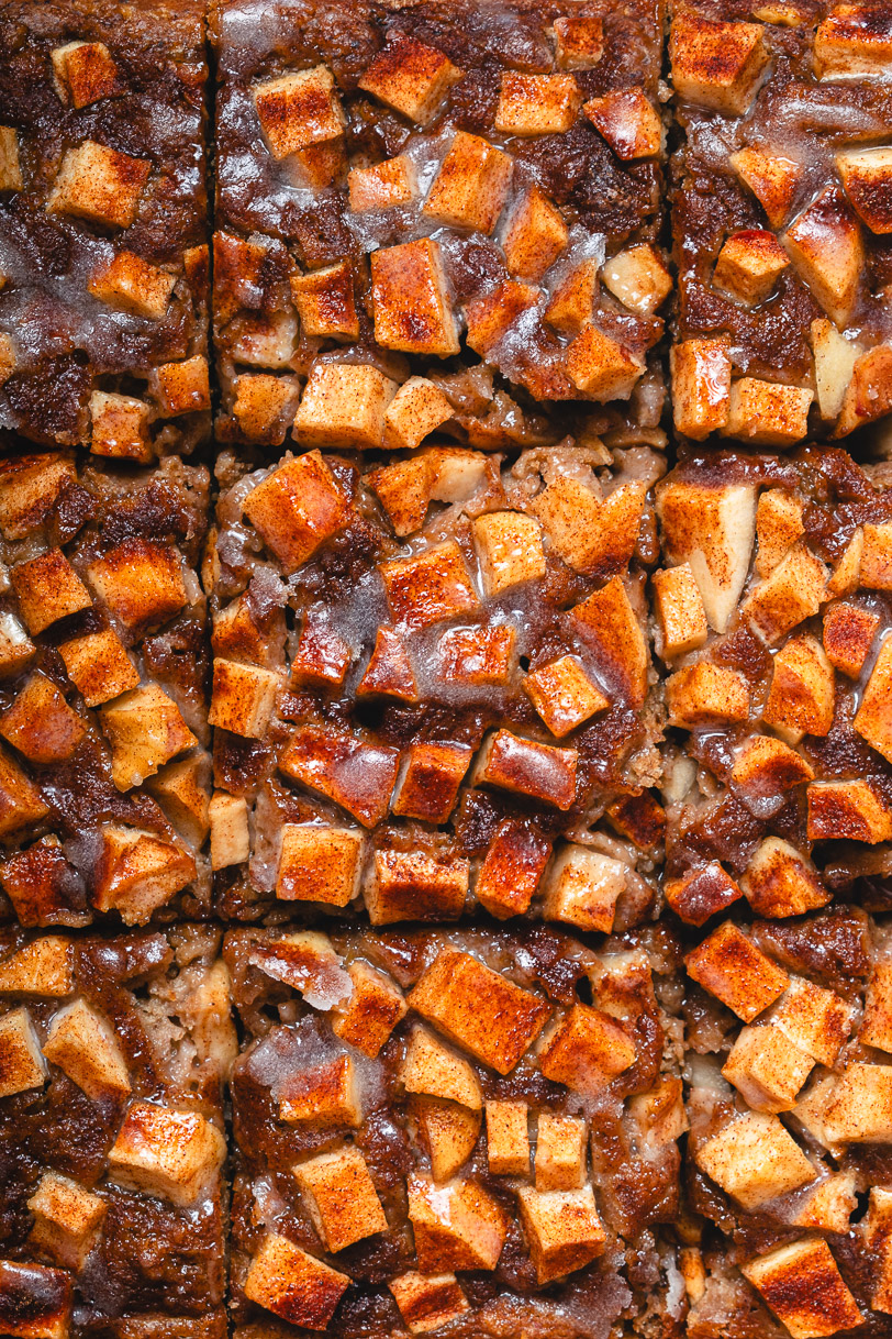overhead shot of vegan apple fritter cake close up